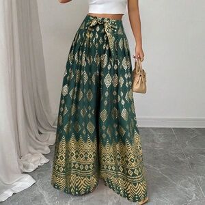 Wide Leg Printed Palazzo Pants in Dark Green and Gold